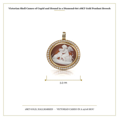 Victorian Shell Cameo of Cupid and Hound in a Diamond-Set 18KT Gold Pendant Brooch