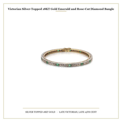 A square emerald and round diamond set bangle bracelet in yellow gold and silver, with measurements