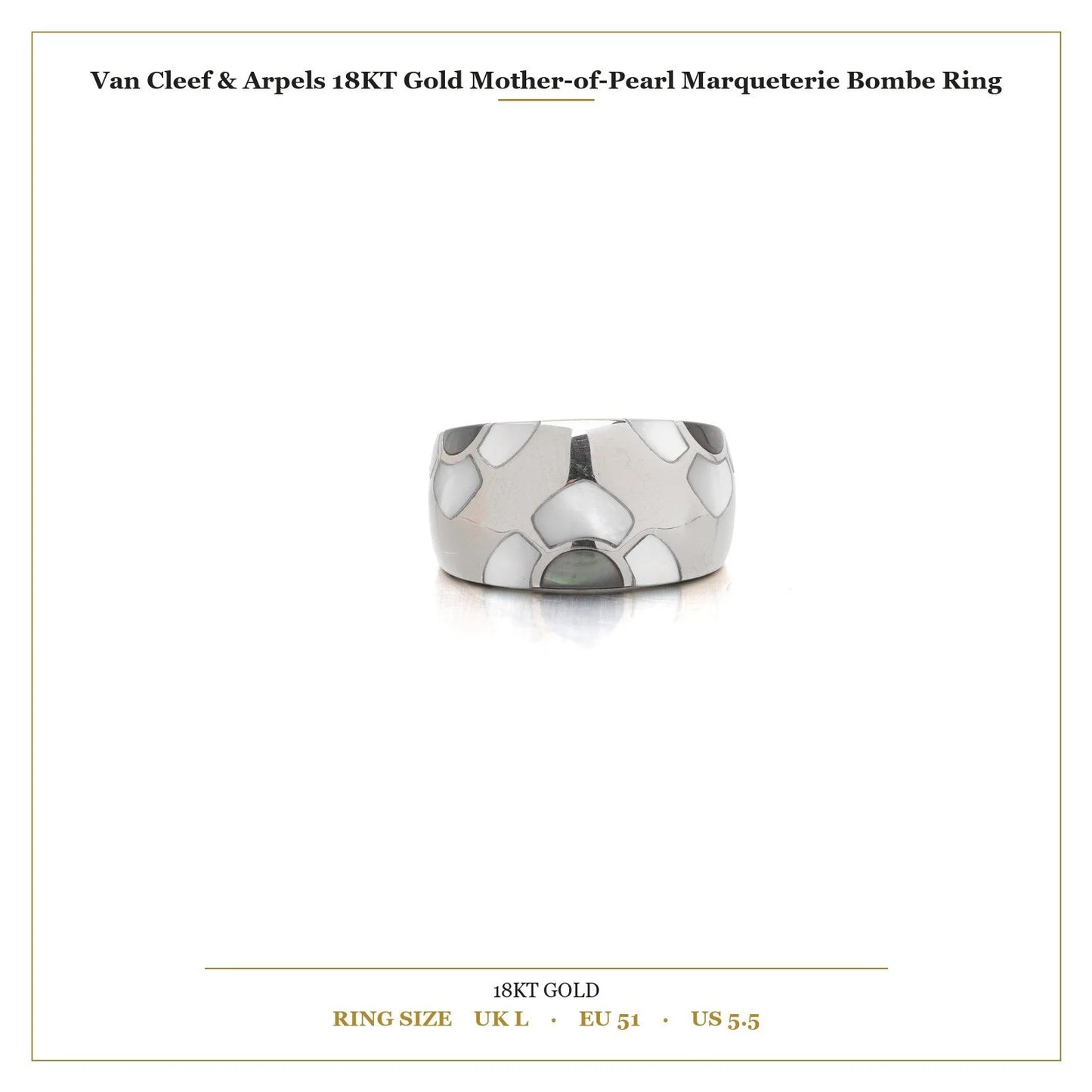 A white gold band ring with mother of pearl inlays, with measurements