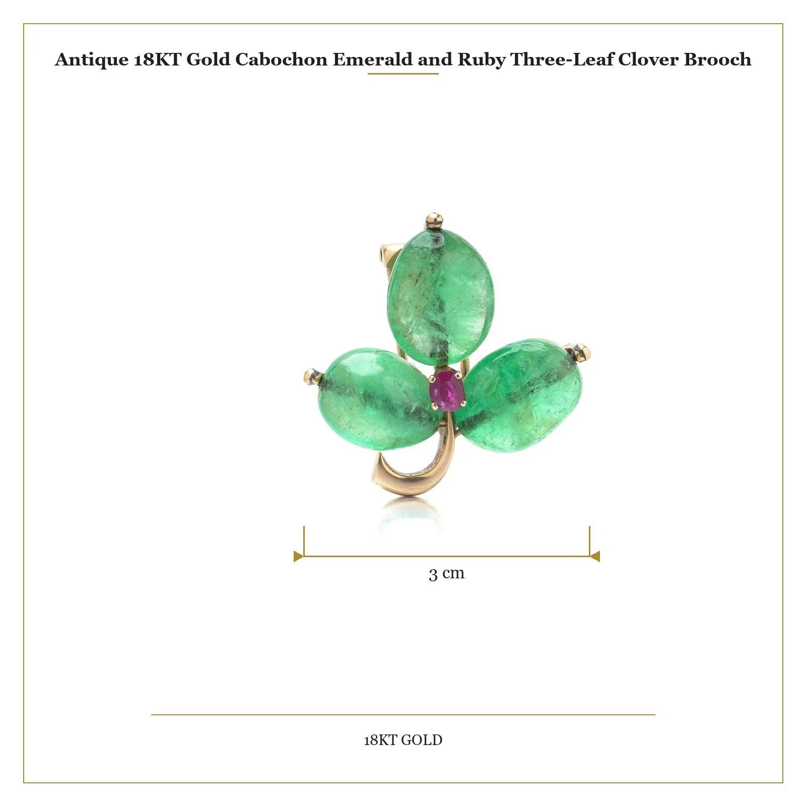 Antique 18KT Gold Cabochon Emerald and Ruby Three-Leaf Clover Brooch