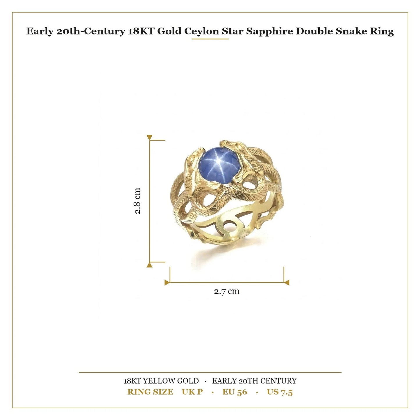 A yellow gold double snake ring holding a cabochon star sapphire in their mouths, with measurements