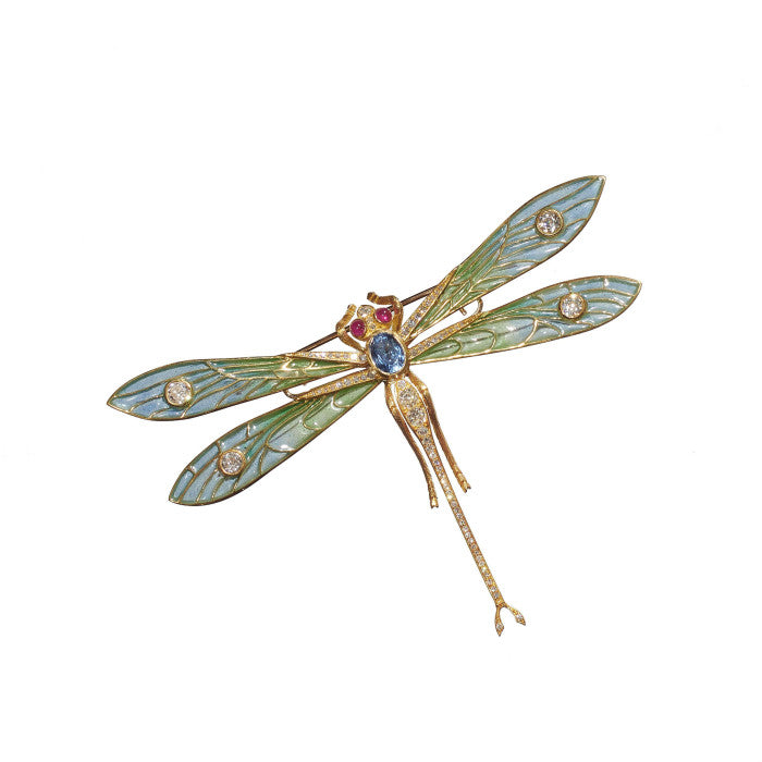 Modern Art Nouveau Inspired Plique a Jour Enamel Diamond Ruby Sapphire and Gold Dragonfly Brooch
