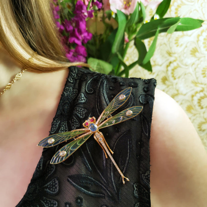 Modern Art Nouveau Inspired Plique a Jour Enamel Diamond Ruby Sapphire and Gold Dragonfly Brooch