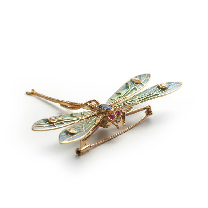 Modern Art Nouveau Inspired Plique a Jour Enamel Diamond Ruby Sapphire and Gold Dragonfly Brooch