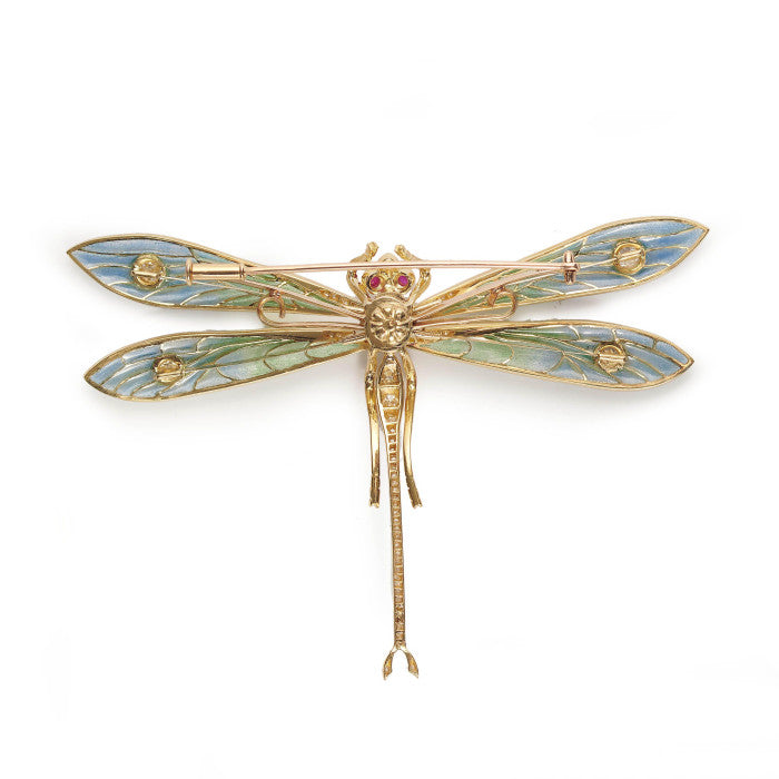 Modern Art Nouveau Inspired Plique a Jour Enamel Diamond Ruby Sapphire and Gold Dragonfly Brooch
