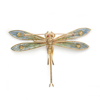 Modern Art Nouveau Inspired Plique a Jour Enamel Diamond Ruby Sapphire and Gold Dragonfly Brooch