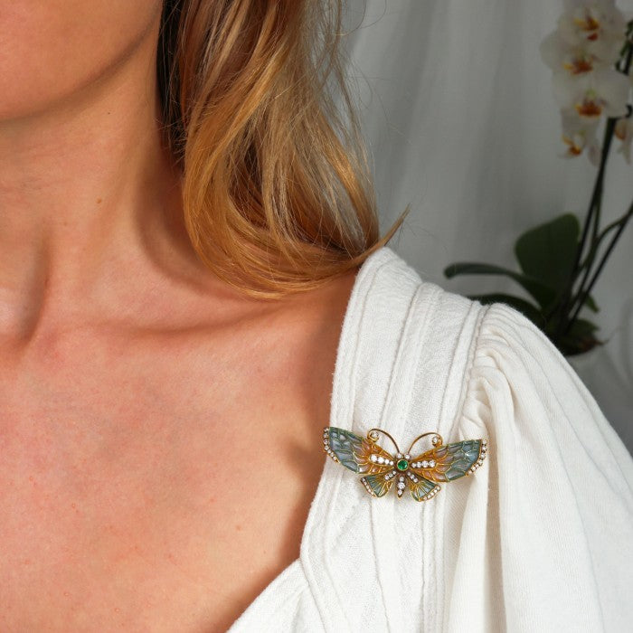 Blue and Pink Plique a Jour Enamel Butterfly Brooch with Diamonds and Emerald