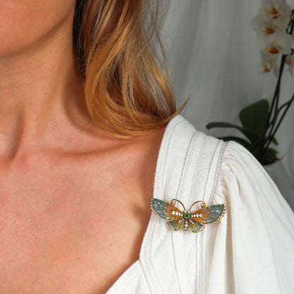 Blue and Pink Plique a Jour Enamel Butterfly Brooch with Diamonds and Emerald