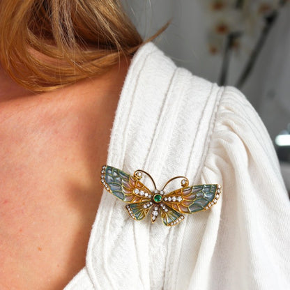 Blue and Pink Plique a Jour Enamel Butterfly Brooch with Diamonds and Emerald