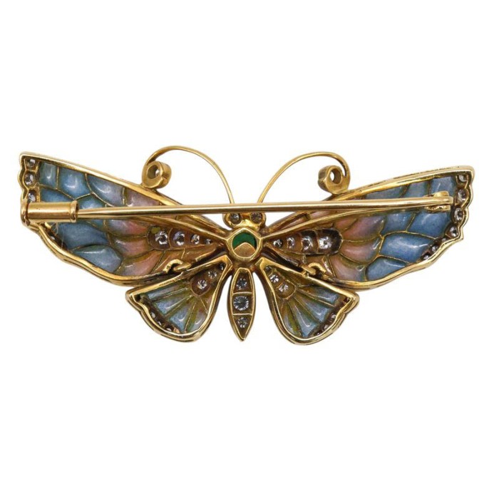 Blue and Pink Plique a Jour Enamel Butterfly Brooch with Diamonds and Emerald