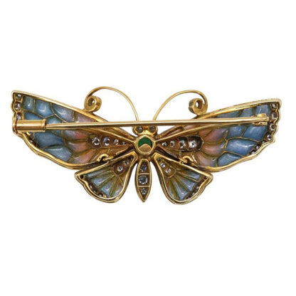 Blue and Pink Plique a Jour Enamel Butterfly Brooch with Diamonds and Emerald