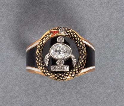 Antique Georgian 18ct yellow gold mourning ring with diamond and enamel