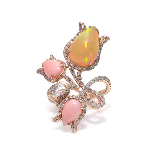 18 ct Gold Opal, Coral And Diamond Flower Ring