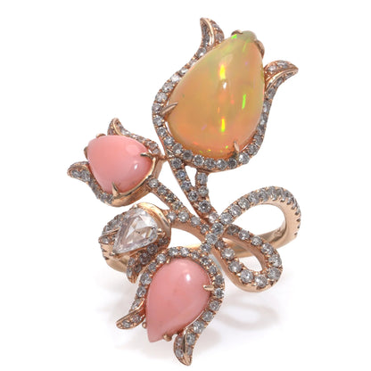 18 ct Gold Opal, Coral And Diamond Flower Ring