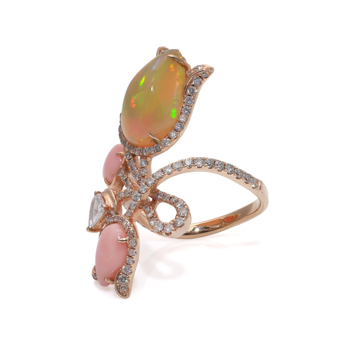 18 ct Gold Opal, Coral And Diamond Flower Ring
