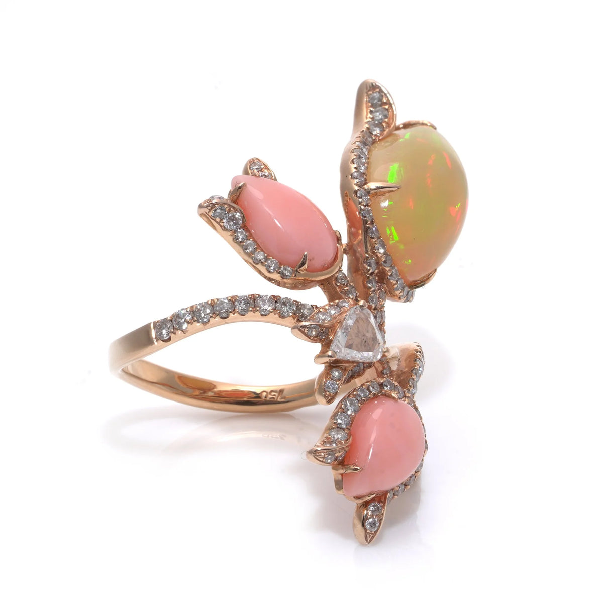 18 ct Gold Opal, Coral And Diamond Flower Ring