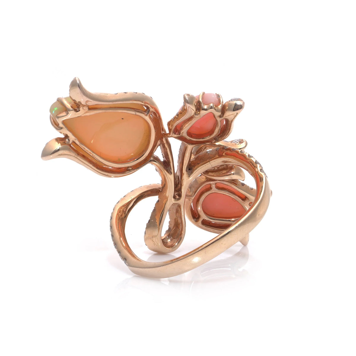 18 ct Gold Opal, Coral And Diamond Flower Ring