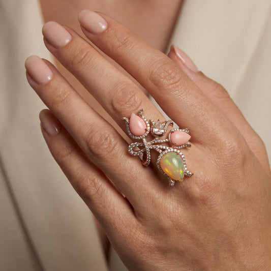 18 ct Gold Opal, Coral And Diamond Flower Ring