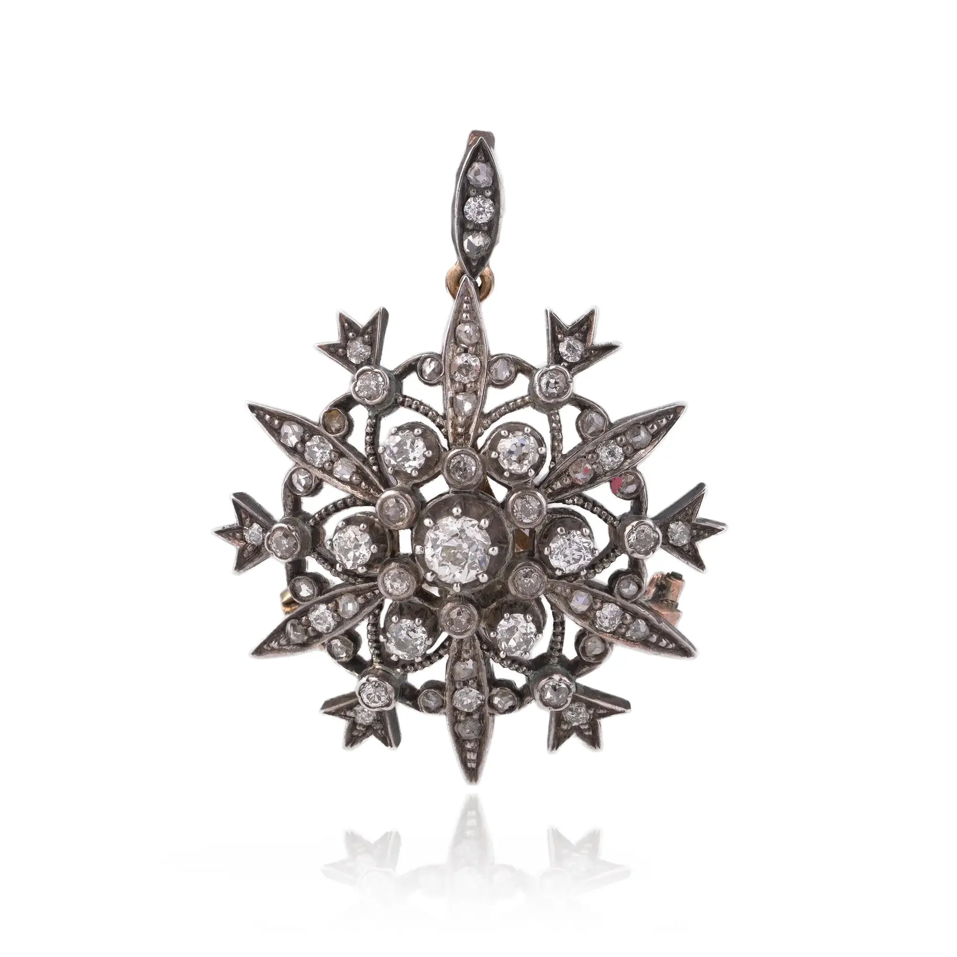 Victorian 9 Carat Gold And Silver Old European Cut Diamond Pendant Brooch