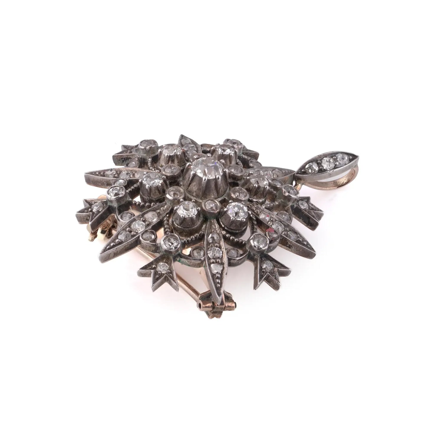 Victorian 9 Carat Gold And Silver Old European Cut Diamond Pendant Brooch