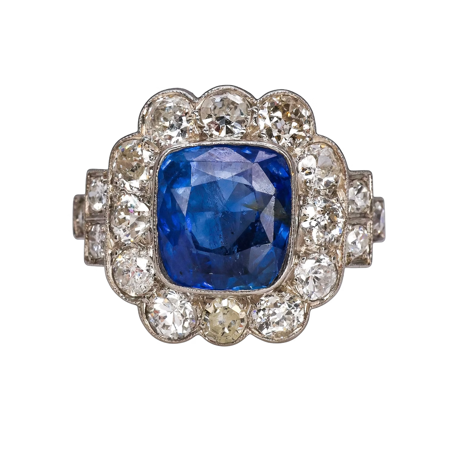 Art Deco French 3ct Cushion Blue Sapphire and Old Cut Diamond Cluster Engagement Ring in Platinum