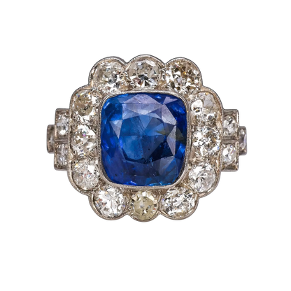 Art Deco French 3ct Cushion Blue Sapphire and Old Cut Diamond Cluster Engagement Ring in Platinum