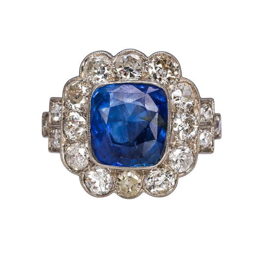 Art Deco French 3ct Cushion Blue Sapphire and Old Cut Diamond Cluster Engagement Ring in Platinum