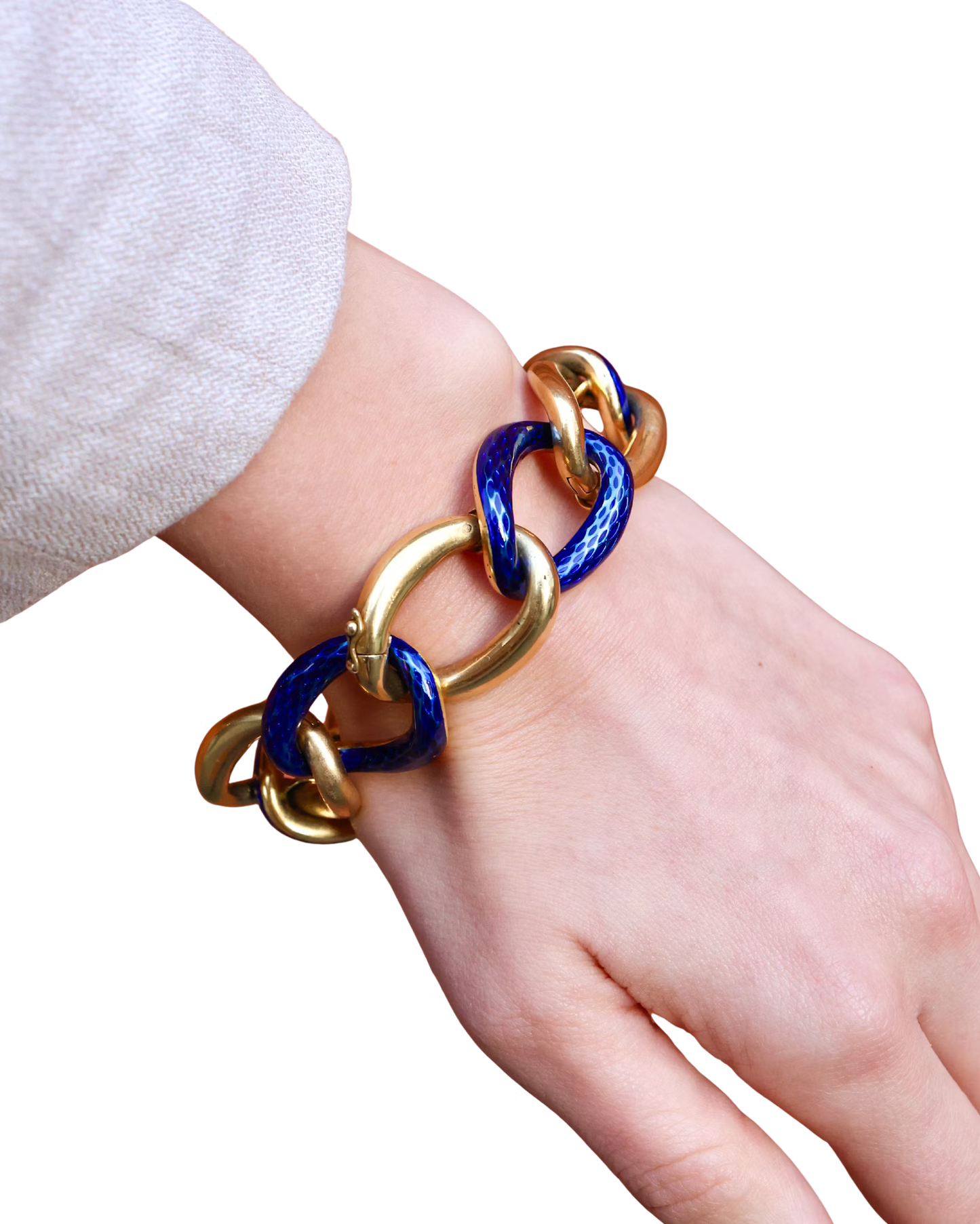 Vintage French Blue Enamel and Gold Oval Open Link Bracelet