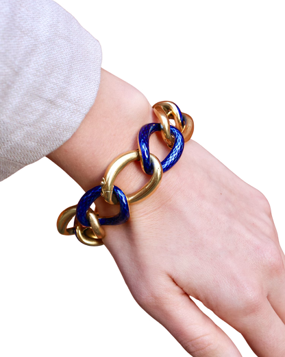Vintage French Blue Enamel and Gold Oval Open Link Bracelet