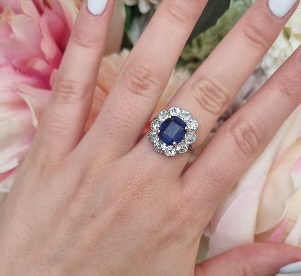 Antique Art-Deco Burma no heat sapphire and diamond cluster engagement ring