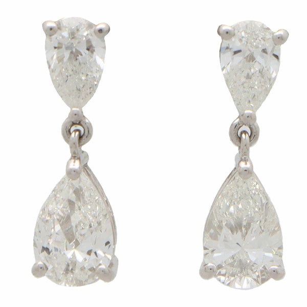 GIA Certified Pear Cut Diamond Drop Earrings, 2 carat total