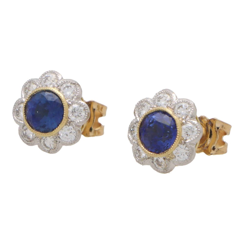 Modern 1.44ct Sapphire and Diamond Floral Cluster Earrings