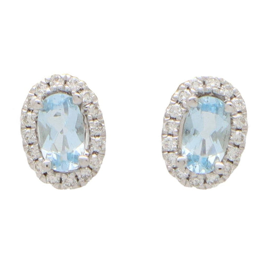 Aquamarine and Diamond Oval Halo Cluster Stud Earrings