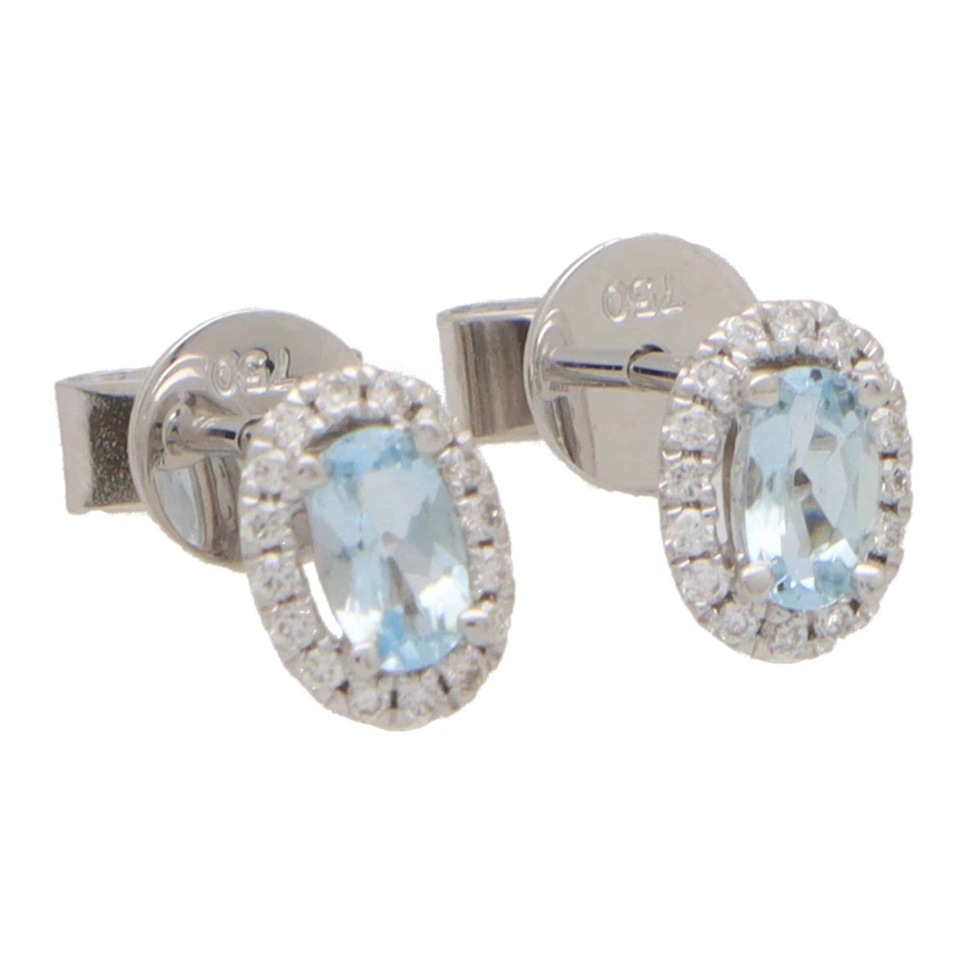 Aquamarine and Diamond Oval Halo Cluster Stud Earrings