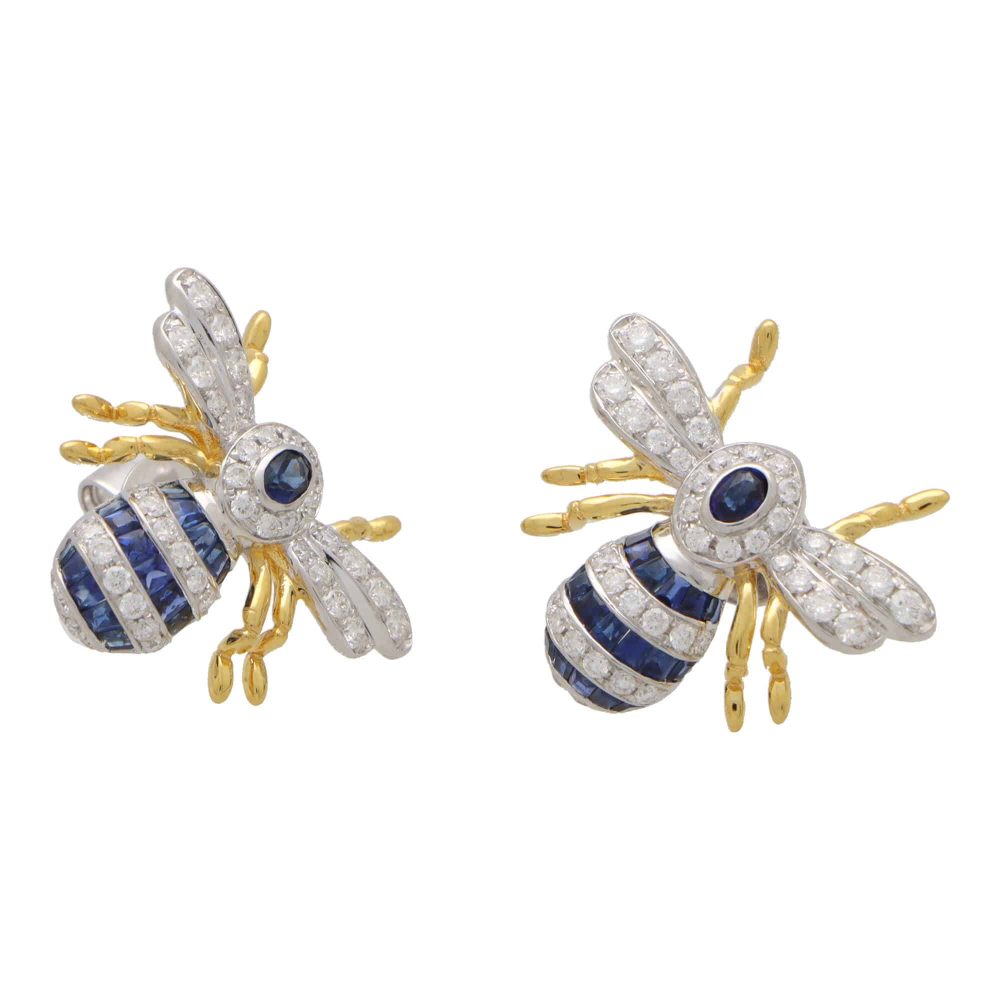 Blue Sapphire and Diamond Bee Stud Earrings