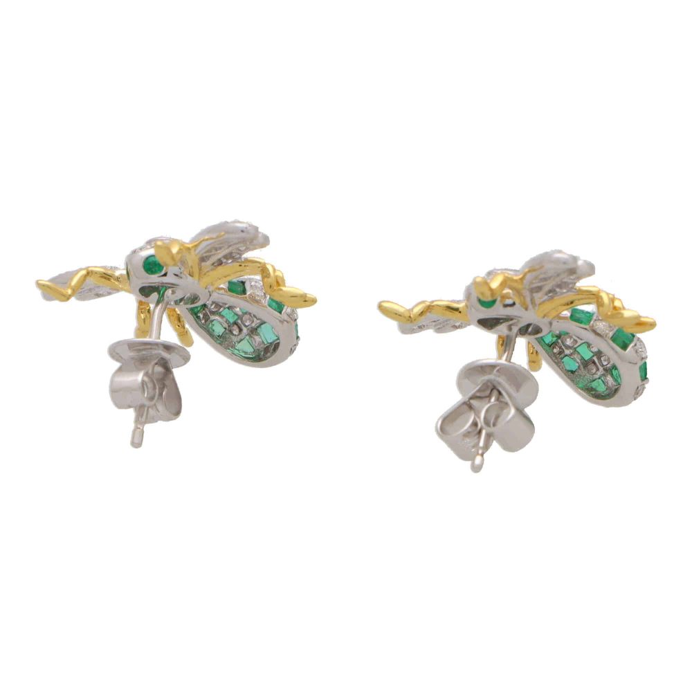 Modern Emerald and Diamond Bee Earrings