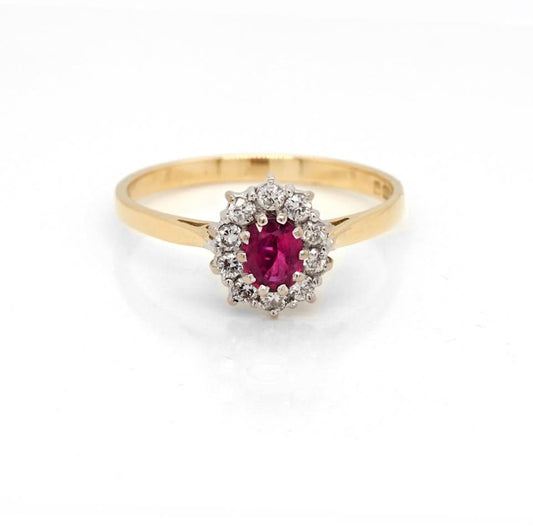 18 ct Gold Ruby and Diamond Vintage Cluster Engagement Ring
