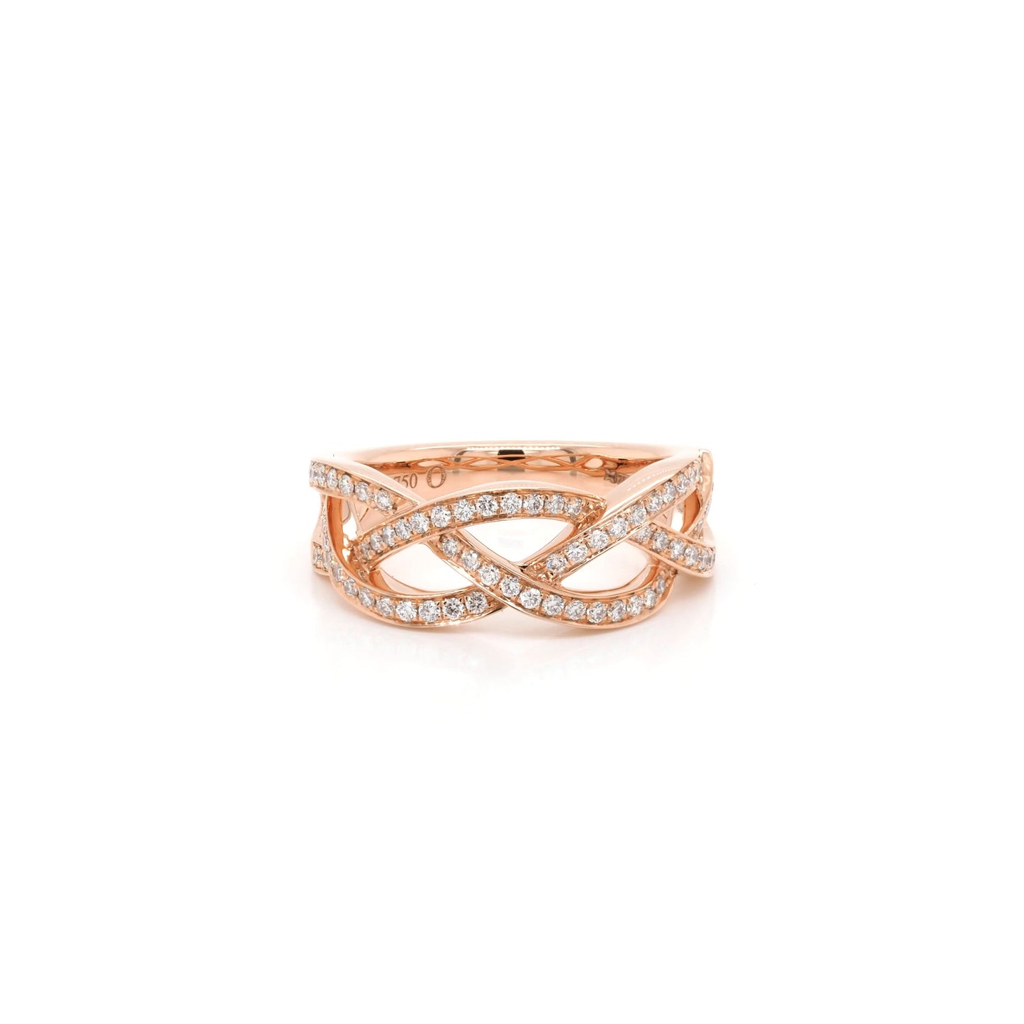 A rose gold diamond set woven design band ring