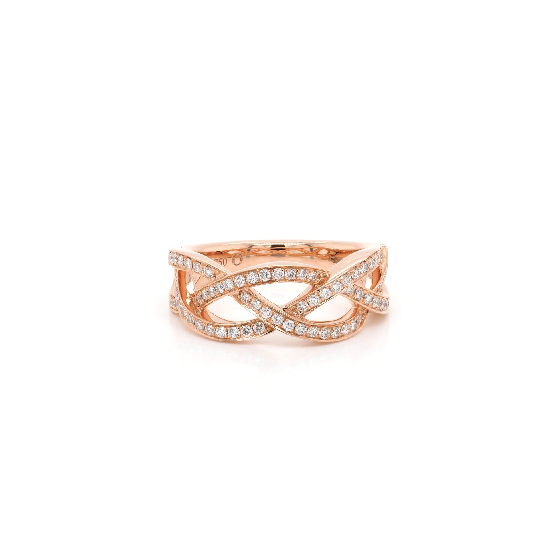 A rose gold diamond set woven design band ring