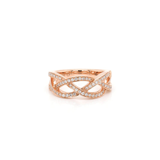 A rose gold diamond set woven design band ring