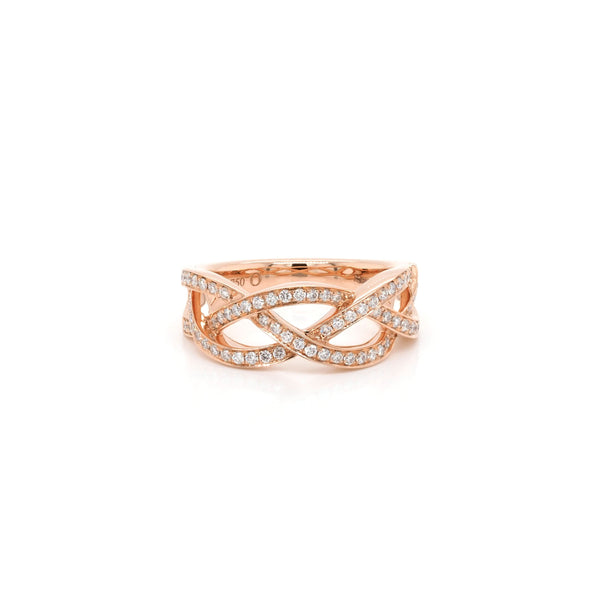 A rose gold diamond set woven design band ring