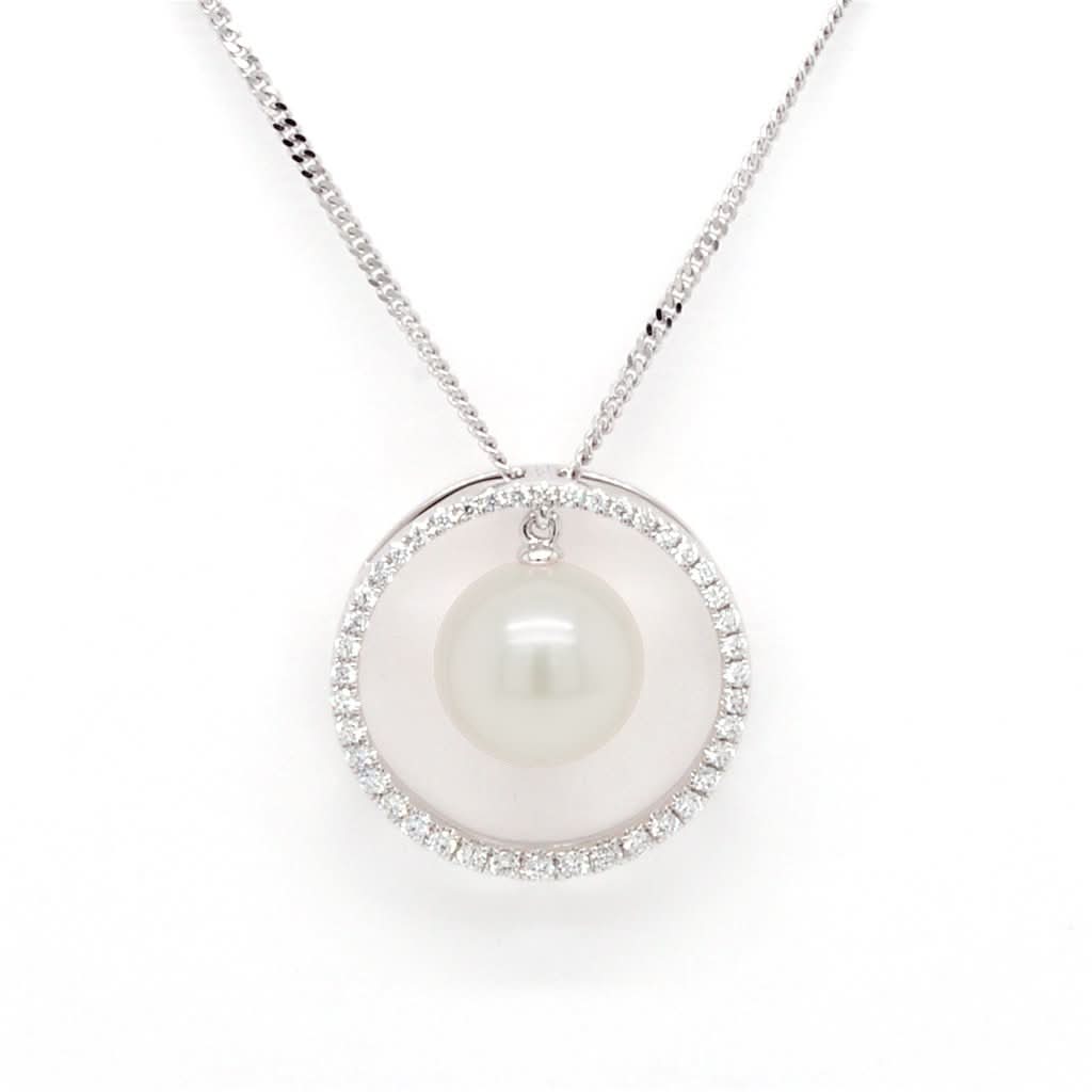 Jewellery 18ct White Gold, Akoya Cultured Pearl and Diamond Circle Pendant on Chain