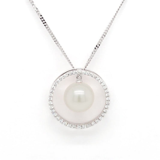 Jewellery 18ct White Gold, Akoya Cultured Pearl and Diamond Circle Pendant on Chain