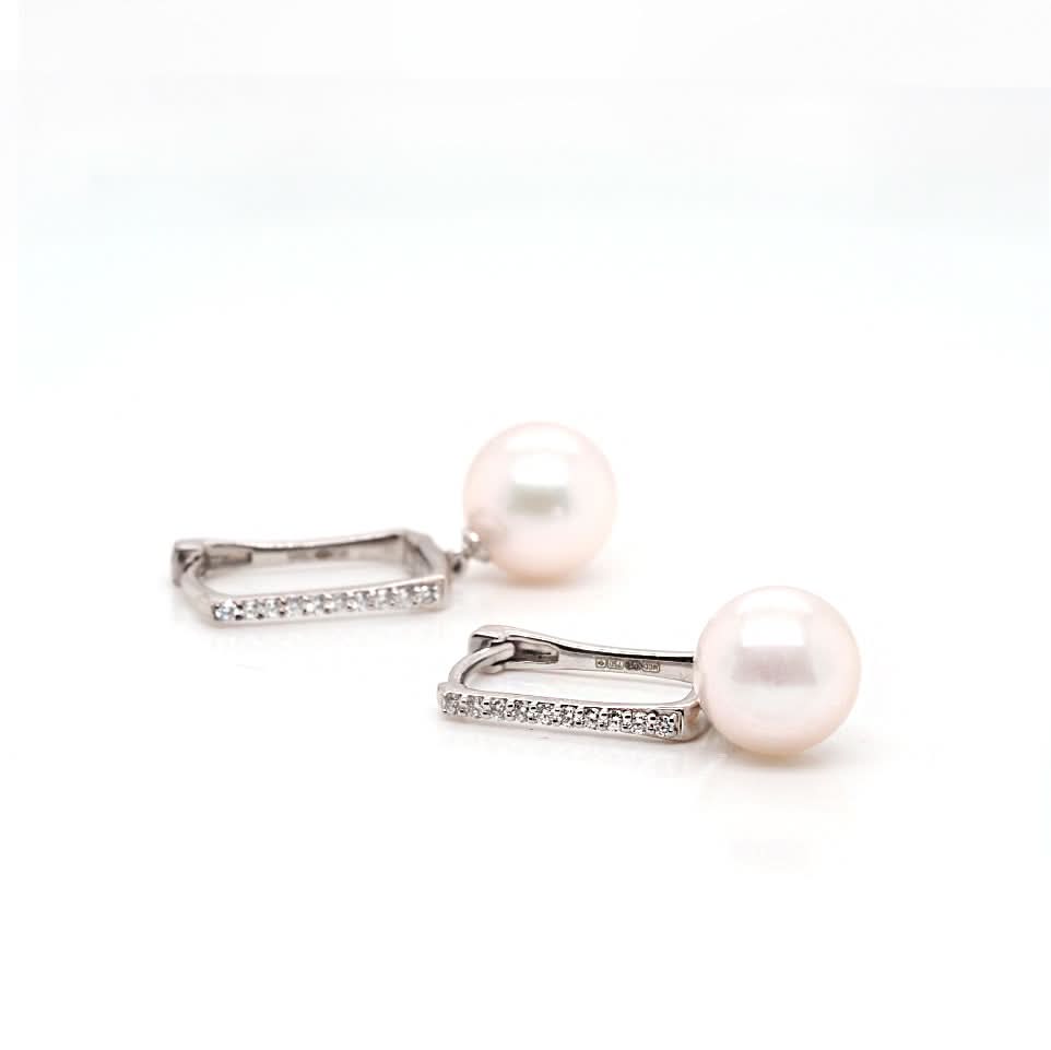 18 Carat White Gold Akoya Cultured Pearl And Diamond Rectangular Hoop Earrings