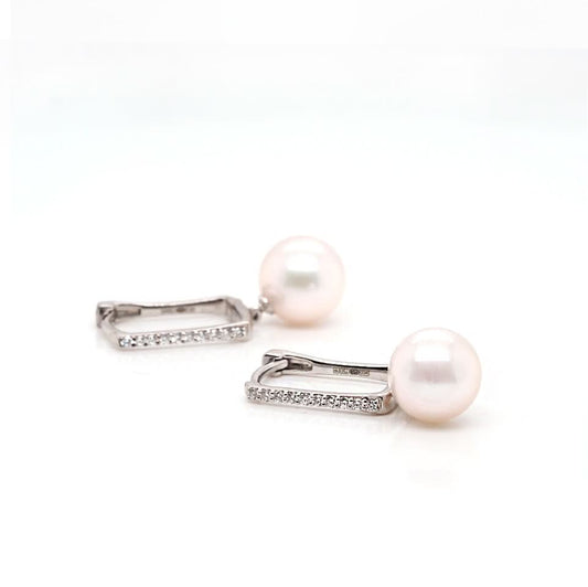 Jewellery 18ct White Gold Akoya Cultured Pearl and Diamond Rectangular Hoop Earrings