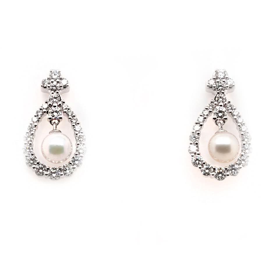 Jewellery 18ct White Gold Akoya Pearl and Diamond Surround Drop Earrings