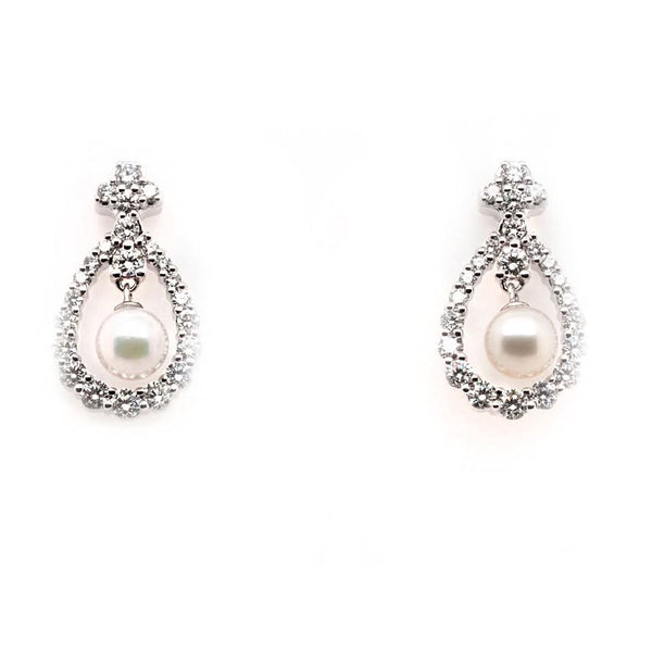 Jewellery 18ct White Gold Akoya Pearl and Diamond Surround Drop Earrings