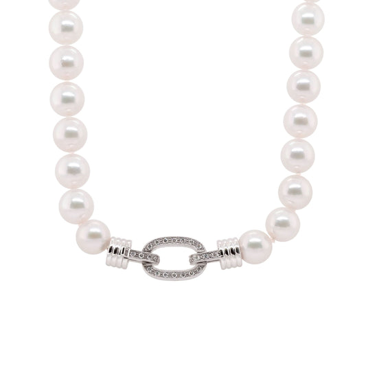 Jewellery 18ct White Gold Akoya Pearl Necklace with Diamond-Set Chain-Link Clasp