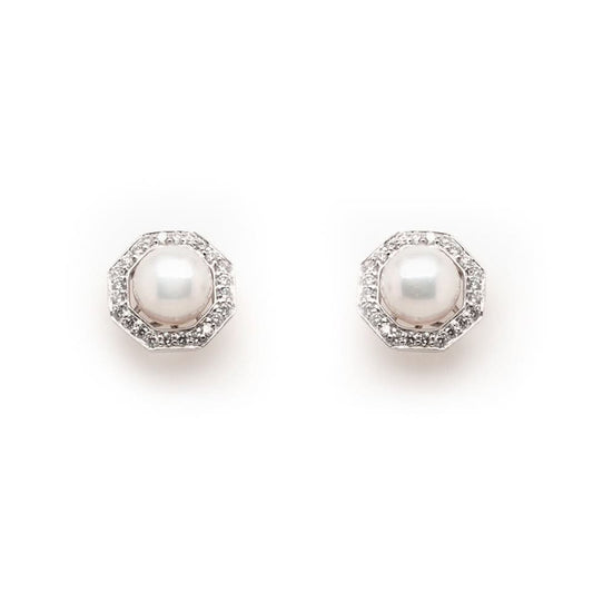 A pair of white gold pearl and diamond stud earrings