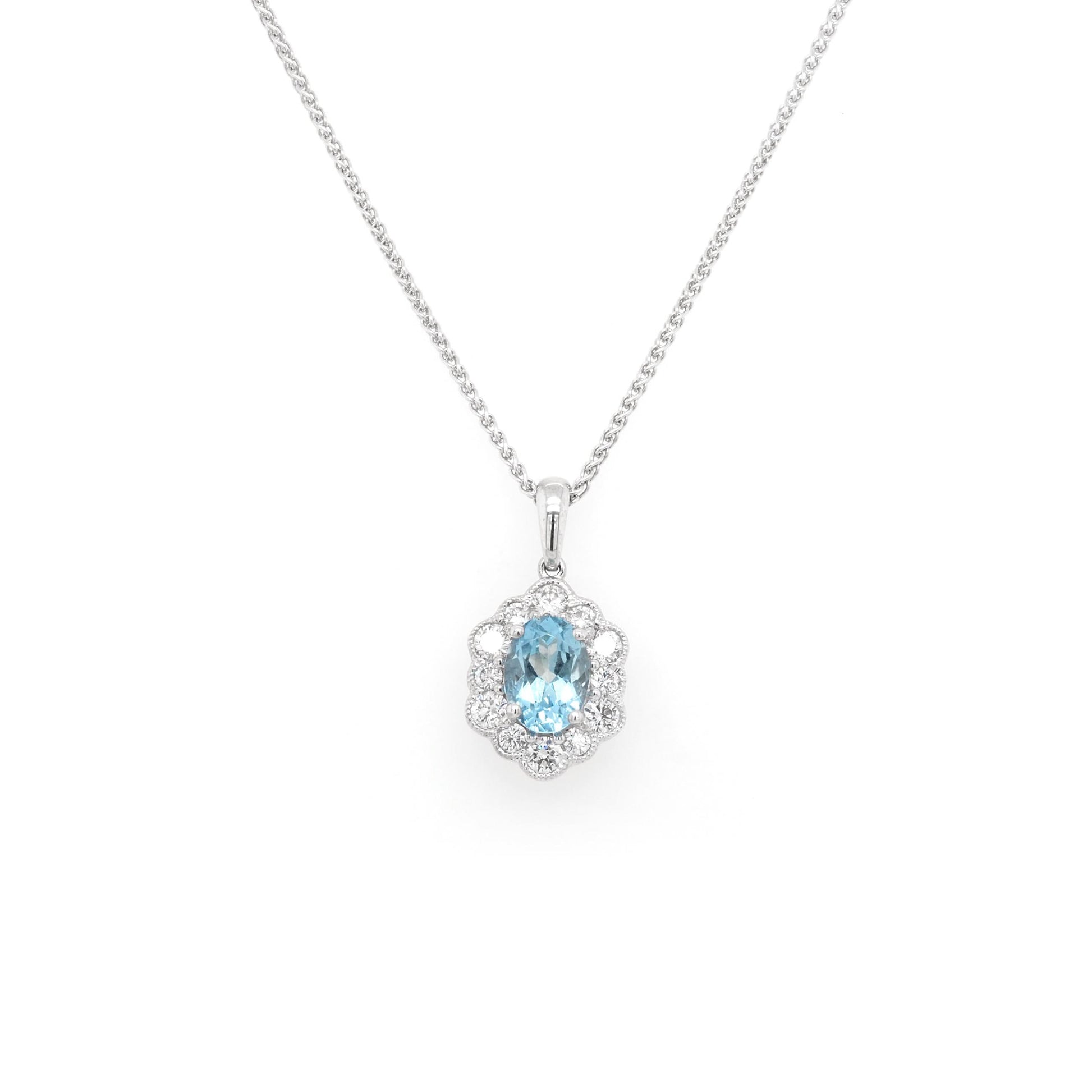 Jewellery 18ct White Gold Aquamarine and Diamond Hexagonal Cluster Pendant